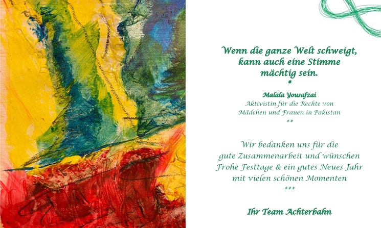 Selbstgestaltete Weihnachtskarte der linke Teil besteht aus einem Gemälte der Rechte aus Text mit Weihnachtswünschen.