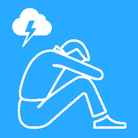 Das Icon zeigt eine stilisierte Darstellung einer Person, die in einer nachdenklichen oder traurigen Position sitzt. Über ihr schwebt eine Wolke mit einem Blitz, was möglicherweise auf innere Konflikte, Stress oder emotionale Herausforderungen hinweist.