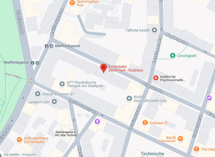 Kartenausschnitt des Achterbahn - Klubhauses   in der Alberstraße 8/Hochparterre, 8010 Graz
