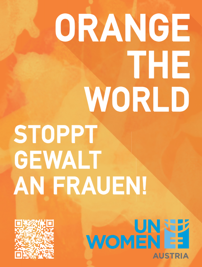 Plakat ORANGE THE WORLD - STOPPT GEWALT AN FRAUEN! gelber Hintergrund mit weißem Text